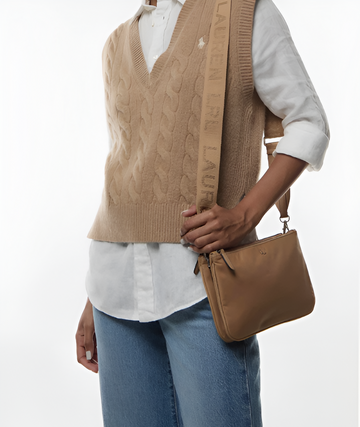 Ralph Lauren Landyn Nylon Medium Dual Compartment Crossbody Bag Khaki Beige $175